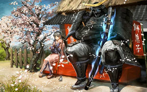 日本美食攤位櫻花下的武士和女孩。 — 混沌武士 壁紙