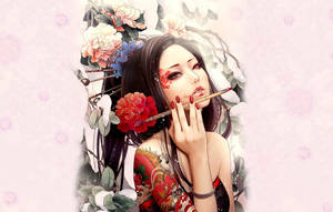 帶有花卉刺青的動漫女孩，被花朵環繞，手持畫筆。 — 東方龍 壁紙