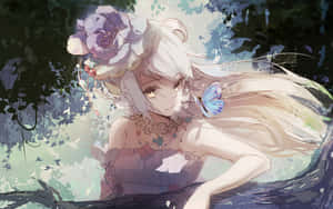 動漫女孩，白髮和花冠，在森林中，藍色蝴蝶停在肩膀上。 — 可愛動漫女孩 壁紙