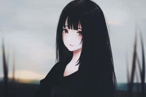 在黃昏場景中，黑髮粉紅眼睛的動漫女孩。 — 可愛動漫女孩 壁紙
