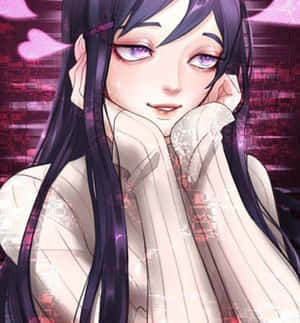 動漫女孩，紫色眼睛和黑髮，在數位故障背景中。 — 暗黑少女風 壁紙