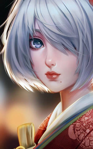 銀髮藍眼動漫女孩穿著和服握著劍柄。 — 可愛動漫女孩 壁紙