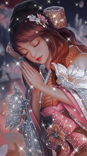 動漫女孩穿著閃閃發光的和服，雙手合十，安詳地睡著。 — 櫻島麻衣 壁紙