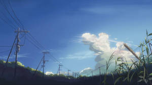 動漫風格的鄉村場景，電線和高高的草，在明亮的藍天下有雲。 — 秒速5公分 壁紙