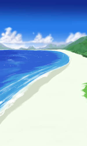動漫海灘，藍色海浪和綠色山脈，天空晴朗。 — 海灘 壁紙
