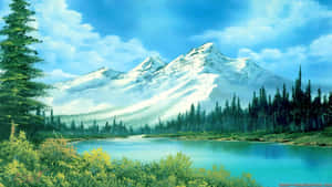 積雪覆蓋的山峰聳立在平靜的湖泊後方，周圍環繞著森林。 — 風景 壁紙