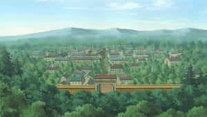 動畫村莊被茂密的森林和霧氣繚繞的山脈環繞，天空晴朗。 — 酷 naruto 壁紙
