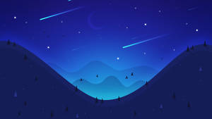 在繁星點點的夜空下，有發光的流星和飛鳥的剪影山脈。 — 美學天空 壁紙