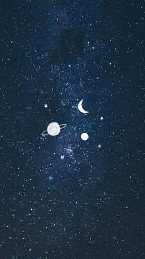 深藍色夜空中帶有星星、月亮和行星的天體場景。 — 月亮與星星 壁紙
