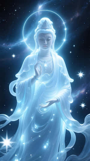 一個發光的藍色天體，帶有光環和飄逸長袍，以繁星點點的夜空為背景 — 雕塑 壁紙