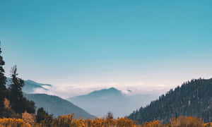 寧靜的山景，霧雲和秋葉在清澈的藍天下。 — 雪景 GIF 壁紙