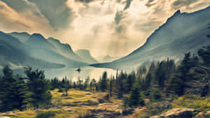 寧靜的山間湖泊，松樹和戲劇性的雲層投射出金色光芒。 — 山景 壁紙