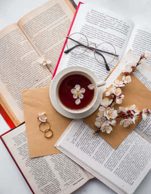 打開的書本、茶、眼鏡、櫻花和戒指在白色表面上。 — 茶 壁紙