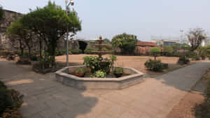 鋪砌庭院中的石噴泉，有樹木和綠植。 — 2560x1440 壁紙