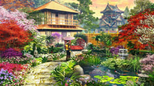 一個人撐著傘走過一個色彩繽紛的日本花園，內有錦鯉池和傳統建築。 — 日式 壁紙