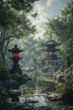 在茂密的日本花園中，霧氣繚繞的小溪旁發光的石燈籠，通向一座木製寶塔。 — 簡約 壁紙
