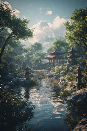 一個寧靜的日本花園，有寶塔、池塘和石燈籠，周圍環繞著樹木和山脈。 — 簡約 壁紙