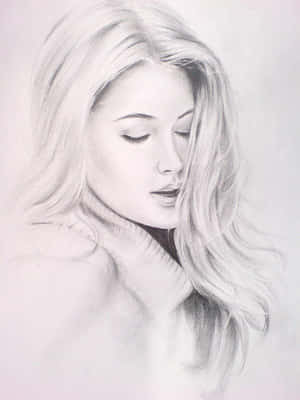 一位閉著眼睛、飄逸金髮的女性，在鉛筆素描中手輕輕觸碰她的脖子。 — 黑板 壁紙