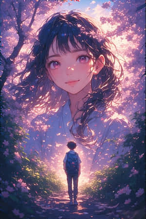 一個小孩在櫻花林中，在一個巨大女孩的臉下走在一條發光的路上。 — 城市風景 壁紙