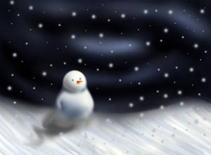 一個小雪人站在飄落的雪中，背景是黑暗的夜空。 — 雪人 壁紙