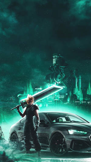 發光劍的戰士站在黑色跑車旁邊，在夜晚的霓虹綠色 cyberpunk 城市。 — 最終幻想XV 壁紙