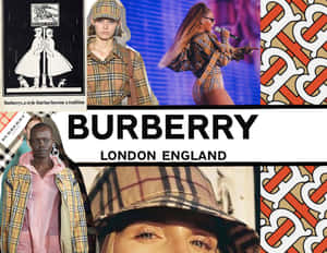 Burberry 時尚拼貼畫，模特兒穿著格子服裝和品牌標誌。 — Burberry 壁紙
