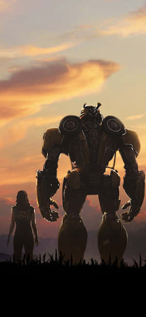 一個巨型機器人和一個女人在日落時分站在一起。 — 機器人 壁紙