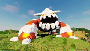 在 Minecraft 風景中，有綠色山丘和藍天的巨大方塊烈咬陸鯊雕塑。 — 寶可夢 壁紙