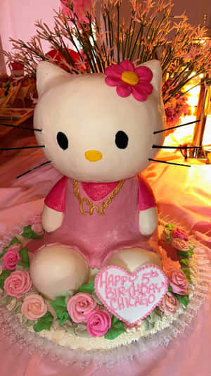 為芝加哥準備的Hello Kitty生日蛋糕，配有粉紅玫瑰和心形裝飾。 — 凱蒂貓 美學 GIF 壁紙