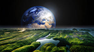 夜間太空中巨大地球下的苔蘚地形和河流。 — 高畫質月亮 壁紙