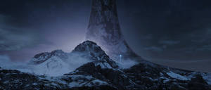 白雪覆蓋的山峰，有一個巨大的外星巨石在繁星點點的夜空下發出藍色光芒。 — 最後一戰：無限 4K 壁紙