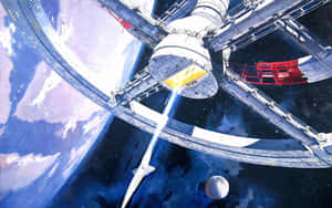 一枚火箭從繞地球運行的太空站發射，背景有星星。 — 精細 壁紙