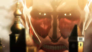 一個發光眼睛的巨型動漫巨人聳立在一座城市之上。 — 魔物獵人 世界 壁紙