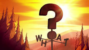 日落時分森林中的一個大木製問號，下方有「WHAT」這個詞。 — 神秘小鎮大冒險 壁紙