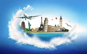 浮島上有世界地標，被海浪環繞，天空晴朗。 — 金廟 壁紙