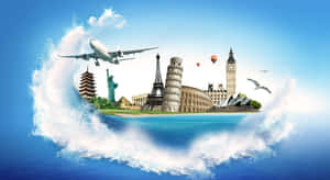海浪承載著一個浮島，上面有著名的全球地標和一架飛機在上空飛行。 — 3D 壁紙