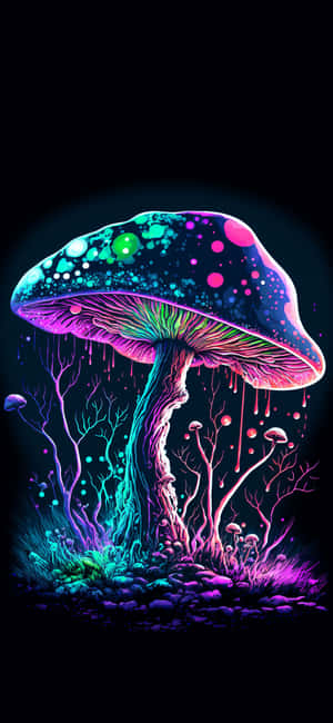 在黑暗神秘森林中，發光的螢光蘑菇與發光藤蔓和小蘑菇。 — 19.5:9 壁紙