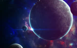 在深空中，一個帶有發光星雲和星星的巨大紫色行星。 — 紫色銀河 壁紙