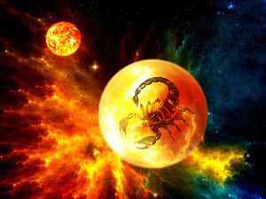 在色彩繽紛的星空下，一顆發光行星上的蠍子剪影。 — 天蠍座美學 壁紙