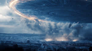 一個巨大的UFO盤旋在城市上空，造成爆炸和碎片掉落。 — 太空船 壁紙