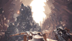 獵人在峽谷中向巨大的雪怪瞄準武器，在明亮的陽光下。 — 魔物獵人 世界 壁紙