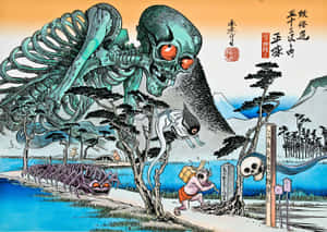 旅行者在日本鬼路上逃離巨大的骷髏怪物，周圍有頭骨和蜘蛛。 — 動漫惡魔 壁紙