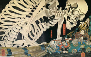 武士們在日本木版畫中面對一個巨大的骷髏怪物。 — 日式 壁紙