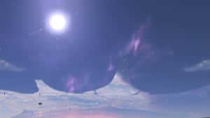 一個巨大的鯨魚形行星在繁星點點的紫色天空中漂浮，伴隨著明亮的太陽。 — 最後一戰：無限 4K 壁紙