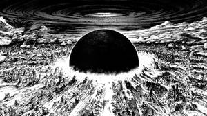 一個黑洞在旋轉的宇宙天空下主宰著廢墟般的城市景觀。 — 阿基拉 壁紙
