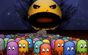 帶有憤怒眼神的巨型 Pacman 在星空下聳立於一群色彩繽紛的鬼魂之上。 — 筆電 壁紙