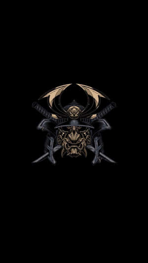 黑色背景上帶有交叉劍和金色龍翼的武士頭盔 — 日本武士 壁紙