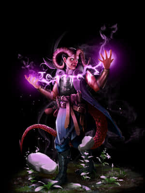 帶有公羊角和尾巴的惡魔般人物，在黑暗森林中引導紫色閃電，周圍有發光的花朵。 — Kindle 壁紙