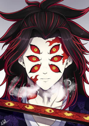 帶有六隻紅眼和黑色頭髮的動漫惡魔，手持劍，煙霧環繞。 — 鬼滅之刃 炭治郎 壁紙