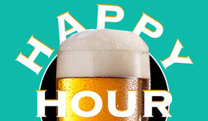 一個冰涼的啤酒杯，帶有泡沫和冷凝水珠，下方有「HAPPY HOUR」文字。